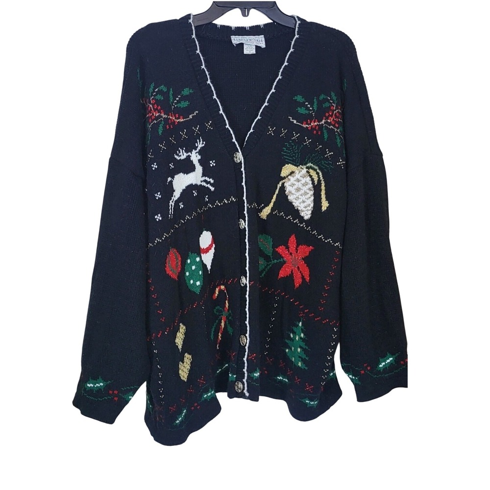 Bedford Fair Wmen Black Knit Long Sleeve Festive Vneck Christmas Cardigan Vtg 2X